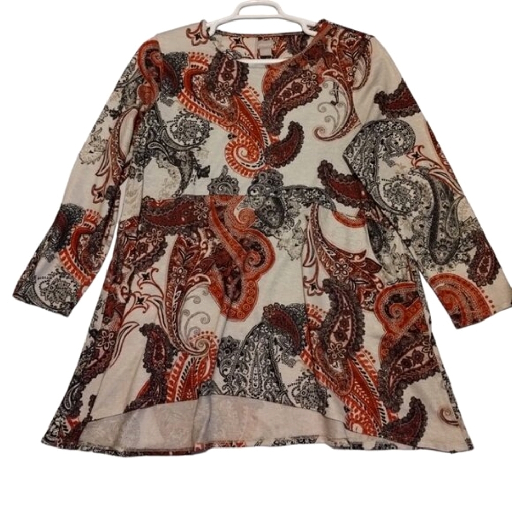 Chico's Women's Paisley Tunic Blouse Size‎ 3 Button Long Sleeve Swing fit Comfy